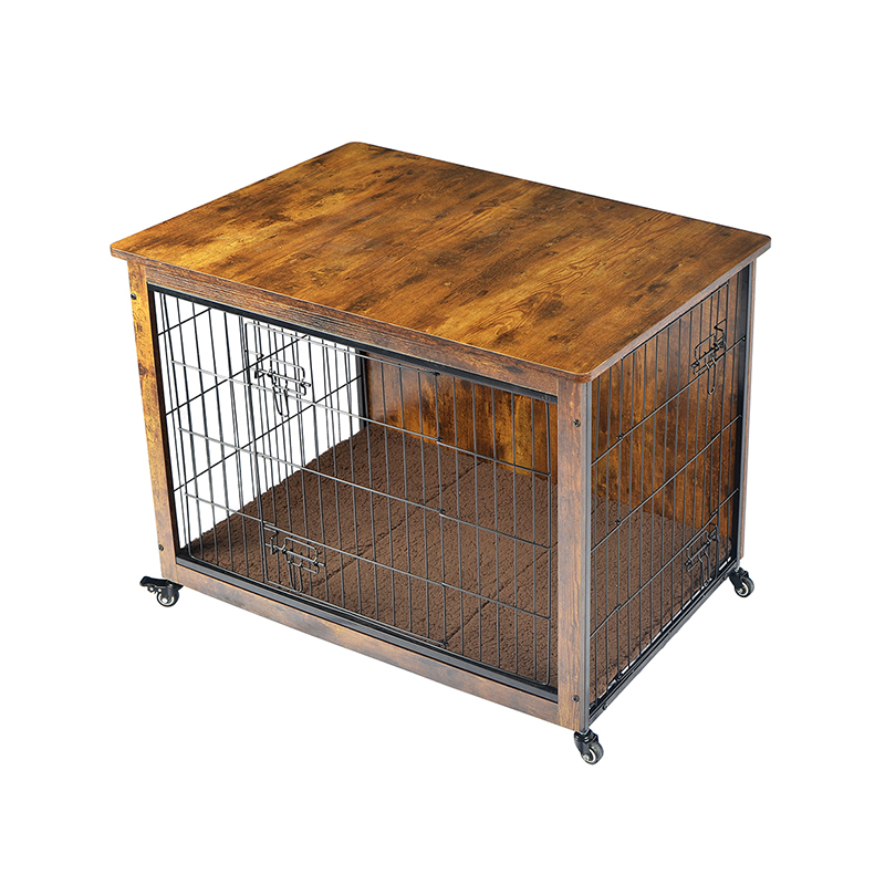 กรงสุนัขสไตล์เฟอร์นิเจอร์ไม้ในร่มพร้อมเบาะและล้อ กรงสุนัขสไตล์เฟอร์นิเจอร์ไม้ในร่มพร้อมเบาะและล้อ