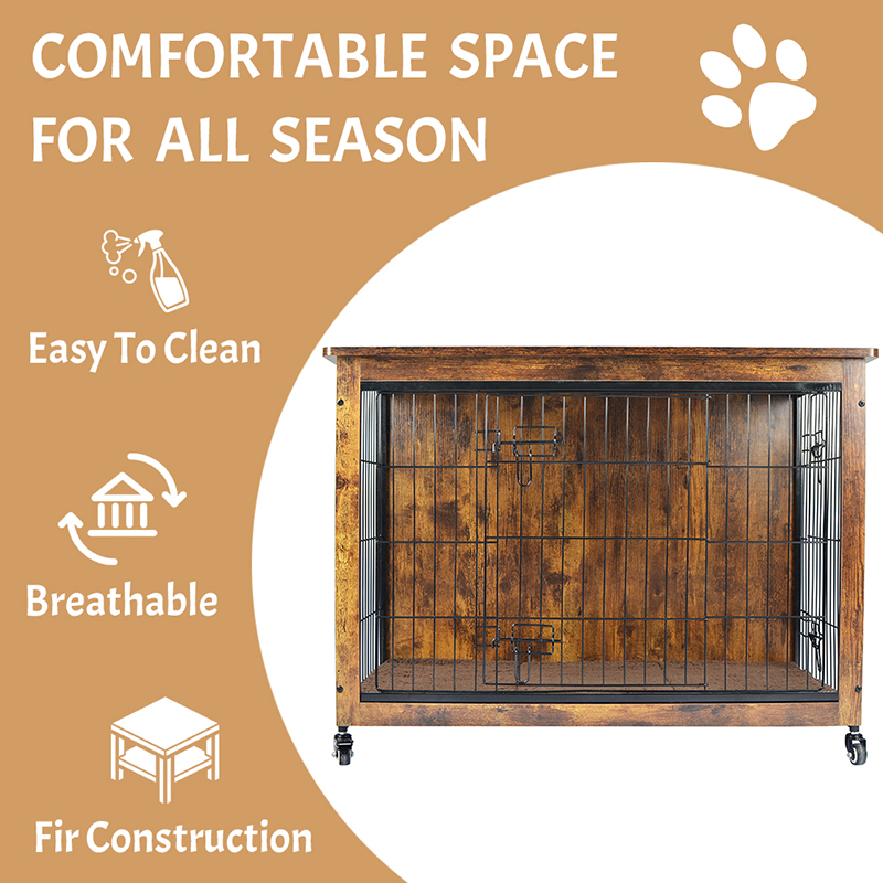 กรงสุนัขสไตล์เฟอร์นิเจอร์ไม้ในร่มพร้อมเบาะและล้อ กรงสุนัขสไตล์เฟอร์นิเจอร์ไม้ในร่มพร้อมเบาะและล้อ