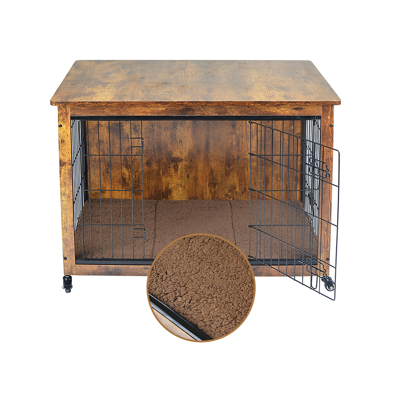 กรงสุนัขสไตล์เฟอร์นิเจอร์ไม้ในร่มพร้อมเบาะและล้อ กรงสุนัขสไตล์เฟอร์นิเจอร์ไม้ในร่มพร้อมเบาะและล้อ