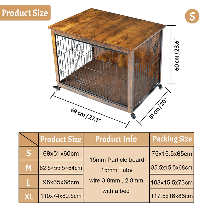 กรงสุนัขสไตล์เฟอร์นิเจอร์ไม้ในร่มพร้อมเบาะและล้อ กรงสุนัขสไตล์เฟอร์นิเจอร์ไม้ในร่มพร้อมเบาะและล้อ