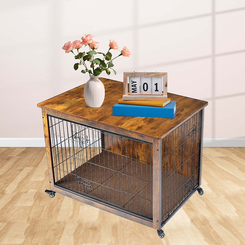 กรงสุนัขสไตล์เฟอร์นิเจอร์ไม้ในร่มพร้อมเบาะและล้อ กรงสุนัขสไตล์เฟอร์นิเจอร์ไม้ในร่มพร้อมเบาะและล้อ