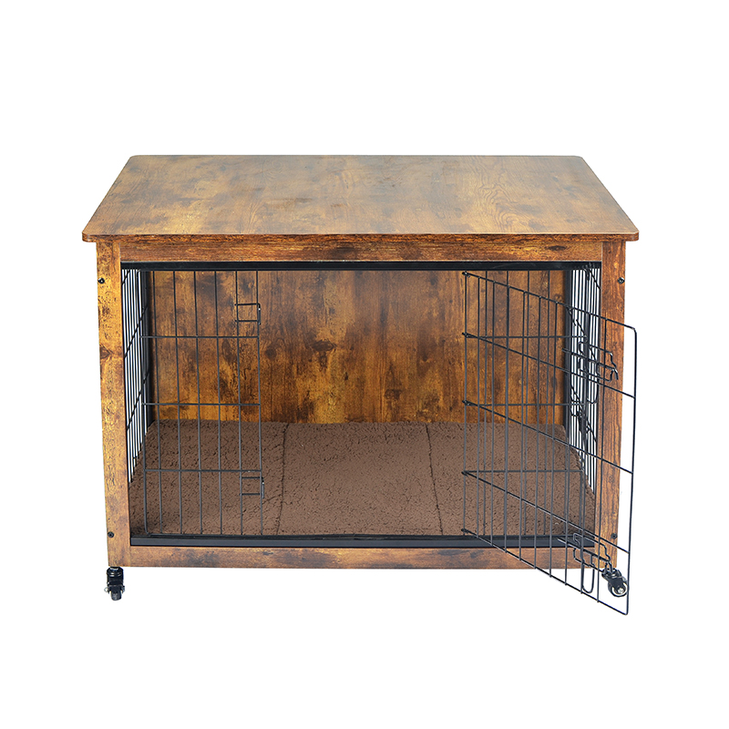 กรงสุนัขสไตล์เฟอร์นิเจอร์ไม้ในร่มพร้อมเบาะและล้อ กรงสุนัขสไตล์เฟอร์นิเจอร์ไม้ในร่มพร้อมเบาะและล้อ